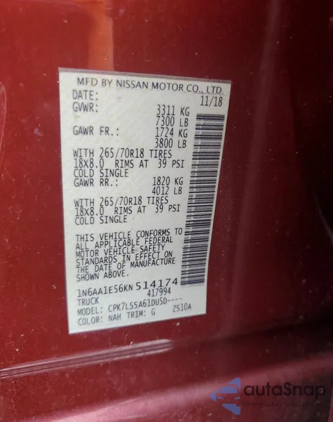 2019 Nissan Titan Sv z USA, uszkodzony, nr VIN 1N6AA1E56KN514174